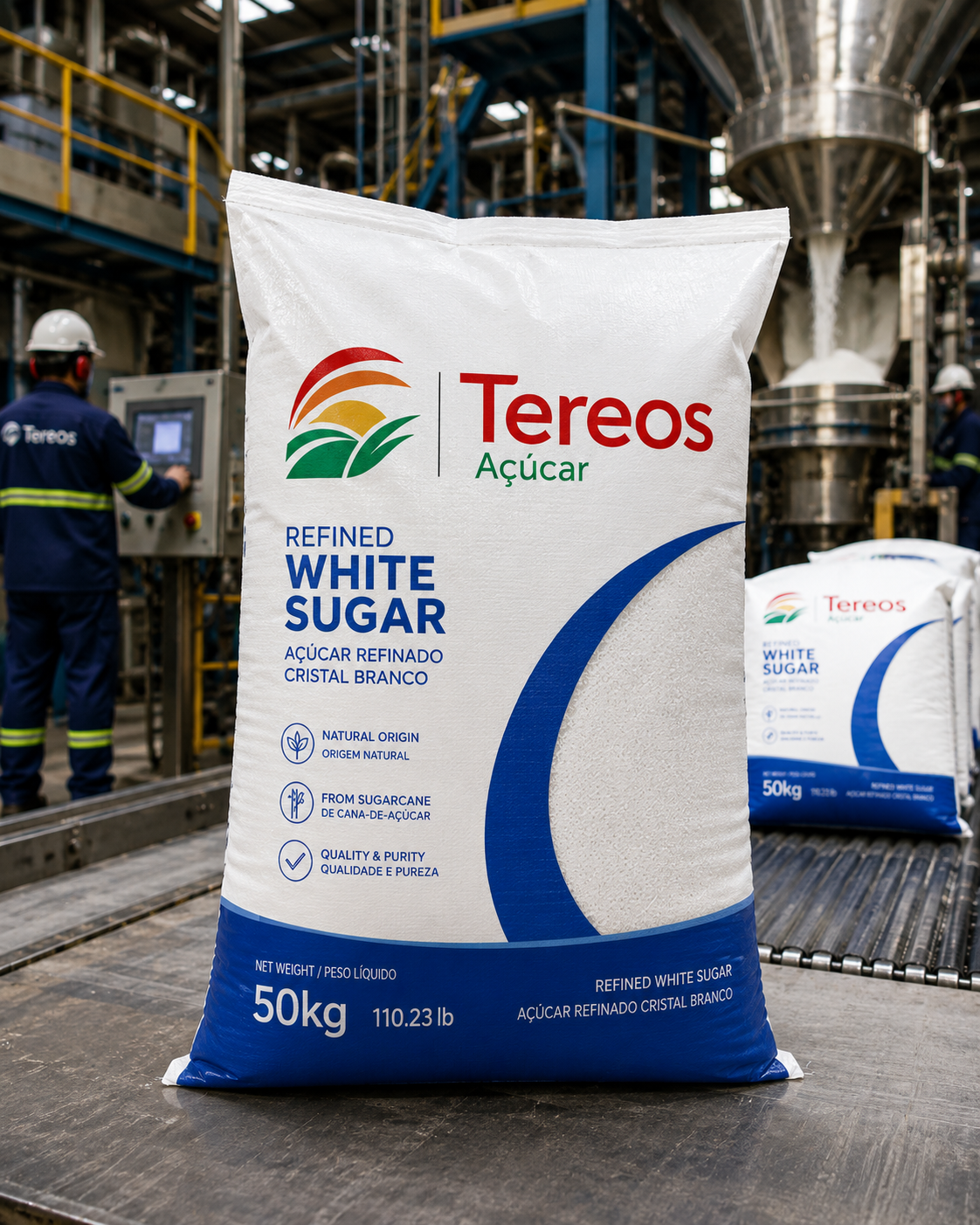 Tereos 50 kilogram refined white sugar bag in a production facility
